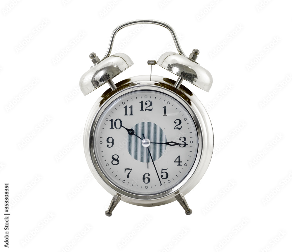silver alarm clock isolated on white background silver alarm clock isolated on white background