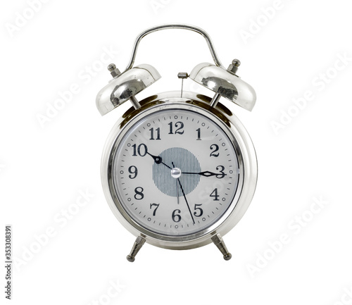 silver alarm clock isolated on white background