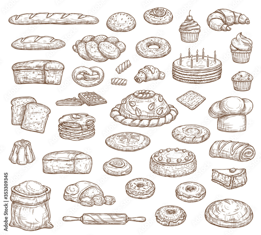Bread and pastry isolated sketch icons, vector food of bakery shop ...