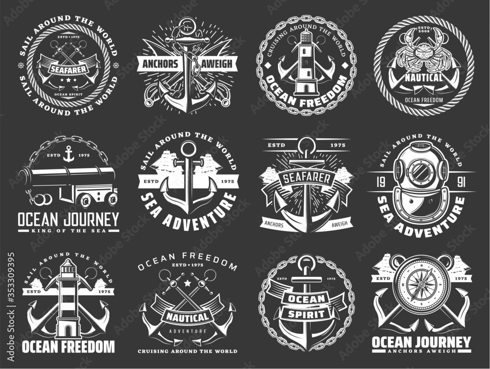 Nautical icons with sea ship anchors, chains and ropes of marine travel or journey. Vector sail boats, sailor compass roses, lighthouses and diver helmet, naval cannon, swords and crab, naval heraldry