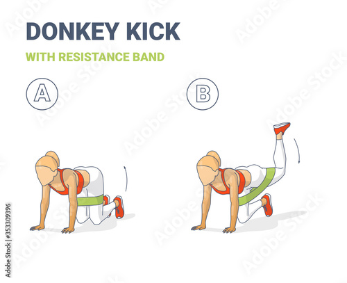 Donkey Kick with Resistance Band Girls Workout Exercise Colorful Concept.