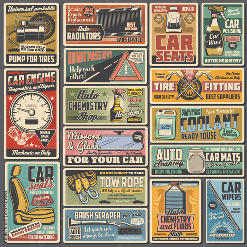 Auto service retro posters with vector car repair and tuning spare parts. Vehicle engine, motor, brake and wheel tire, piston, wipers and seats, radiator, tow rope, coolant and mechanic garage tools
