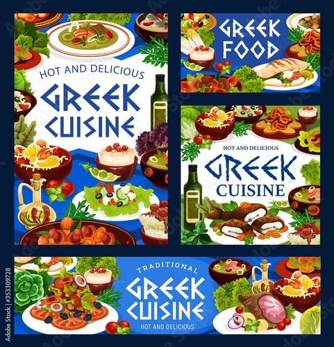 Greek cuisine vector food of vegetable, fish, meat and seafood with rice dessert. Beef stew stifado, salad with tomato, olives and feta cheese, baked lamb, cod and peppers, fish soup, grilled shrimp