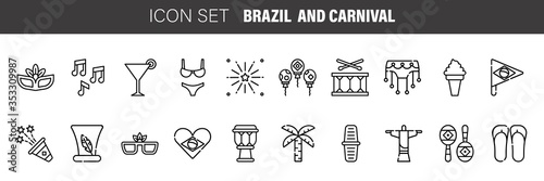 Brazil country icons set. Outline set of brazil CARNIVAL vector icons for web design isolated on white background