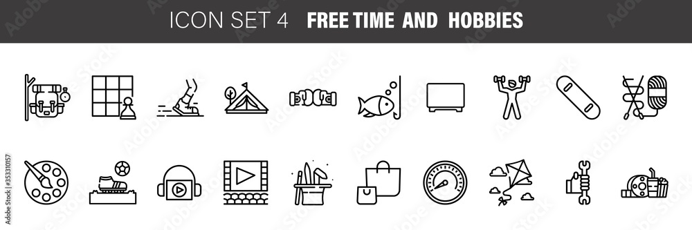 Hobby interests and free time line icons set with reading, painting, pottery, cooking, camping, gaming, music, fishing, diving, ect. Hobby interests and free time line icons set with reading, painting, pottery, cooking, camping, gaming, music, fishing, diving, ect.