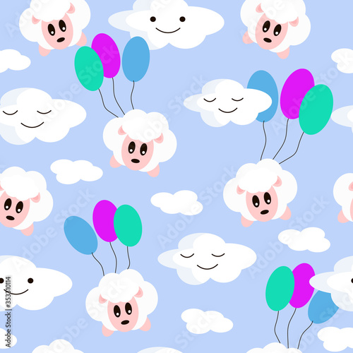 Fototapeta Naklejka Na Ścianę i Meble -  Lambs with balloons and clouds. Vector pattern on a blue background. Children's illustration.