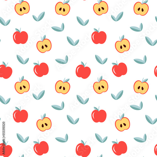 Red apple fruit seamless repeat pattern. Summer vector illustration. Simple style print for wrapping paper, textile, kitchen or garden decoration, kid wear.