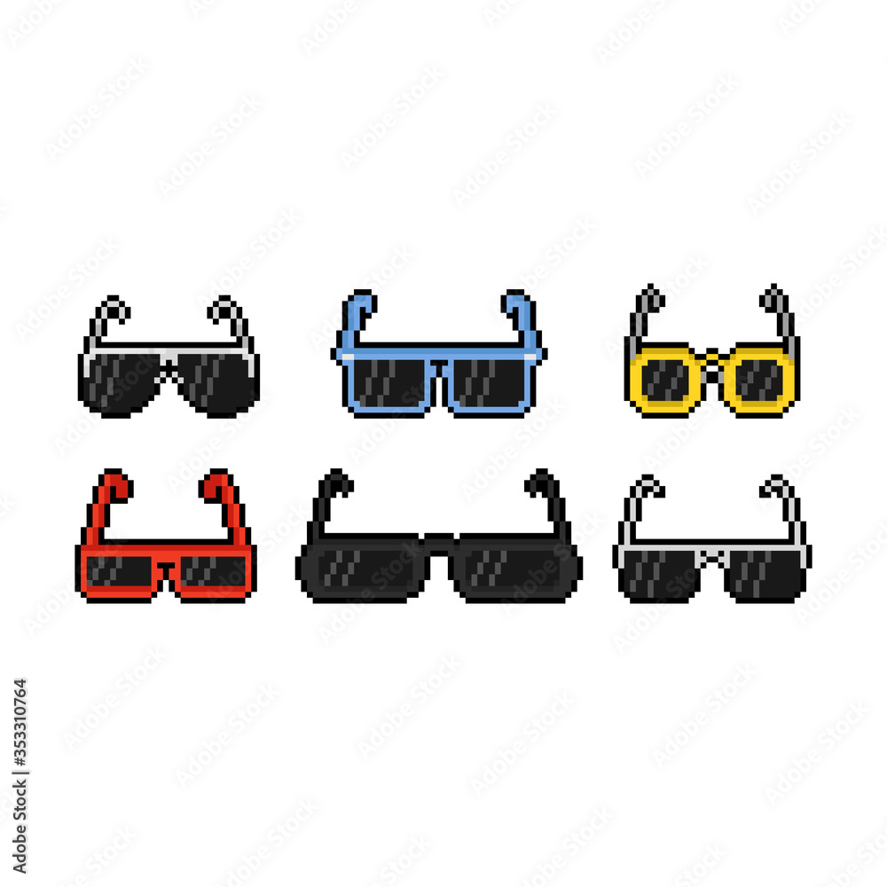 Pixel art cartoon sunglasses icon design set. Pixel art cartoon sunglasses icon design set.