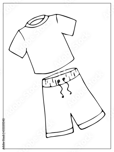 Vector set with outlines of white basic simple T-shirt and Bermuda Shorts. For web, logo, icon, app, UI. Cartoon style