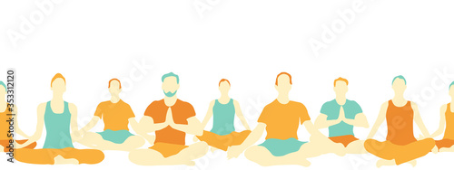 Yoga people sitting in lotus position side by side, horizontally seamless pattern. Repetitive vector illustration.