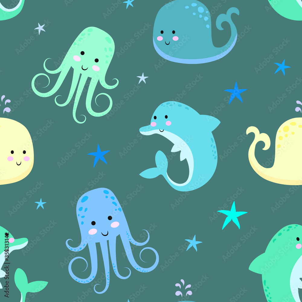 Octopus, dolphin, whale. Cute cartoon sea animals. Seamless pattern for printing on fabric, paper. Flat vector illustration isolated on white background. Octopus, dolphin, whale. Cute cartoon sea animals. Seamless pattern for printing on fabric, paper. Flat vector illustration isolated on white background.