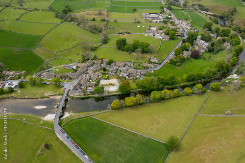 Aerial view of Burnsall, Wharfedale, Yorkshire Dales National Park, North Yorkshire, England, Britain,