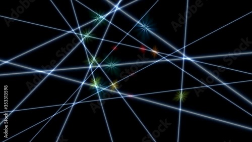 Lines and Shining Stars. On a black background,  blue lines and multicolored stars running along them rotate. You can loop seamlessly.