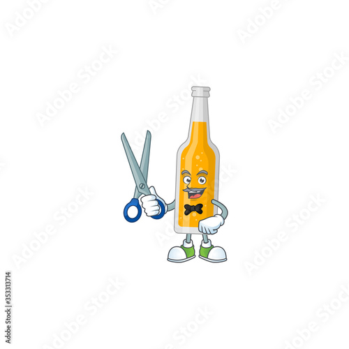 A picture of bottle of beer Barber cartoon character working with scissor