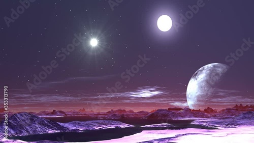 Shining Landscape Alien Planet. The bright sun and stars shine in the dark sky. A large planet (moon) rises above the horizon. Mountains are among the lakes. Slowly floating clouds. All bathed in blue