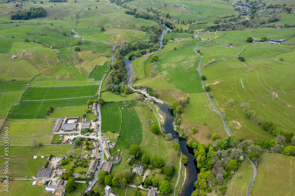 Aerial view of Burnsall, Wharfedale, Yorkshire Dales National Park, North Yorkshire, England, Britain,