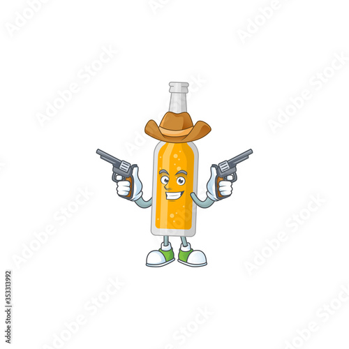 A masculine cowboy cartoon drawing of bottle of beer holding guns