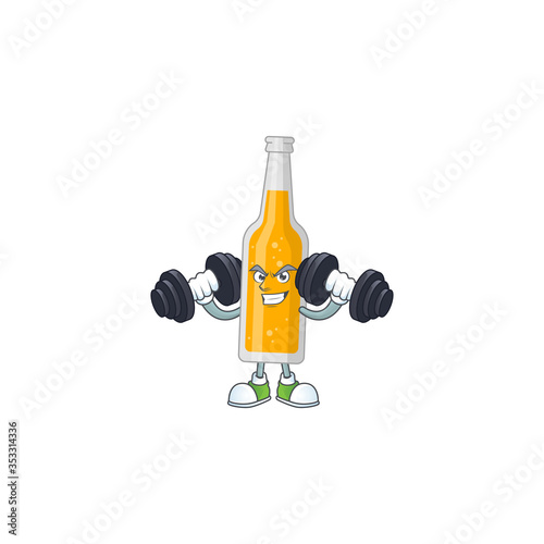 Caricature picture of bottle of beer exercising with barbells on gym