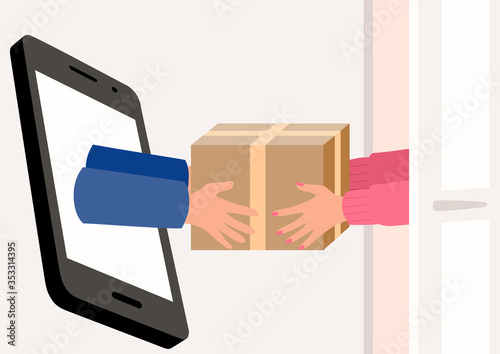 Hands come out of a smart phone screen delivering a package