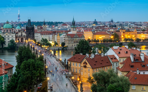 Prague with red roofs from above summer day at dusk, Czech Republic