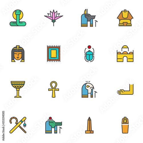 Egypt culture filled outline icons set, line vector symbol collection, linear colorful pictogram pack. Signs, logo illustration, Set includes icons as hieroglyph, egyptian queen, scarab beetle, sphinx