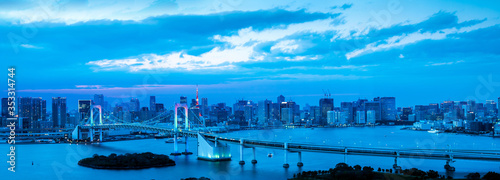 Panorama Aerial view of Tokyo skylines with Rainbow bridge and tokyo tower from Odaiba in tokyo, Japan