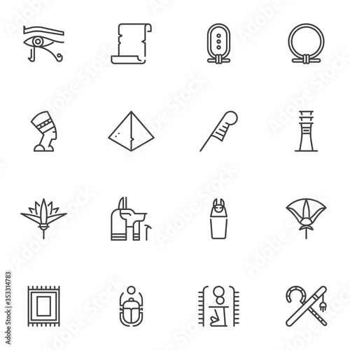 Egypt culture line icons set, outline vector symbol collection, linear style pictogram pack. Signs, logo illustration. Set includes icons as Nefertiti queen, feather pen, scarab , ancient, hieroglyph