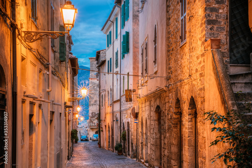 Terracina  Italy. Night Evening View Of Old Street In Illuminations