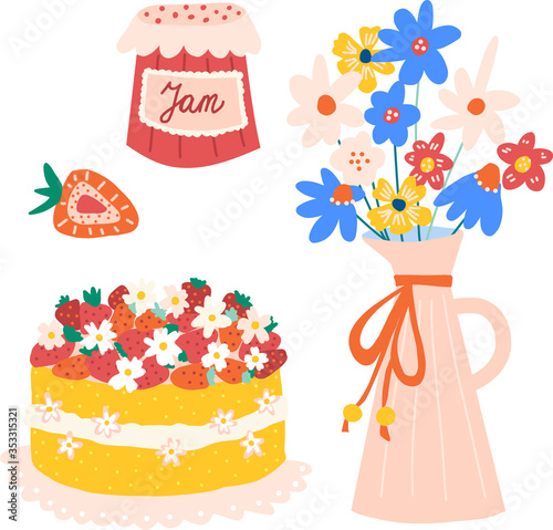 Summer party vector icons isolated. Strawberry cake, jam, flower vase hand drawn illustration. Use for greeting card, invitation, summer garden party, poster, flyer, bakery