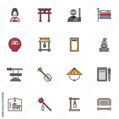 Japanese culture filled outline icons set, line vector symbol collection, linear colorful pictogram pack. Signs logo illustration, Set includes icons - ninja samurai, geisha woman, torii gate, lantern