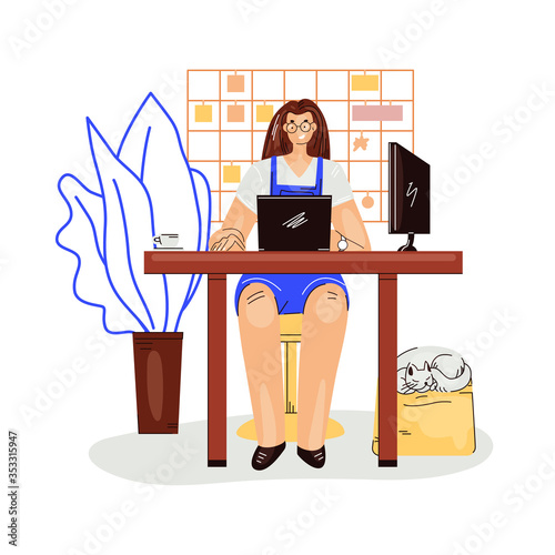 Freelance woman work in comfortable cozy home office vector flat illustration. Freelancer girl character working from home at relaxed pace, self employed concept