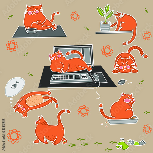 The illustration shows a red cat who is a bully, prevents working at the computer, dreams of food, hunting.