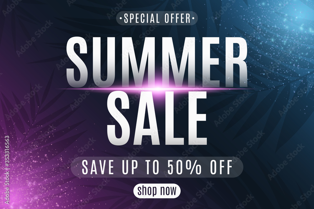Summer sale poster. Greeting card. Lettering on dark background with neon glowing particles. Special offer template. Vector illustration Summer sale poster. Greeting card. Lettering on dark background with neon glowing particles. Special offer template. Vector illustration