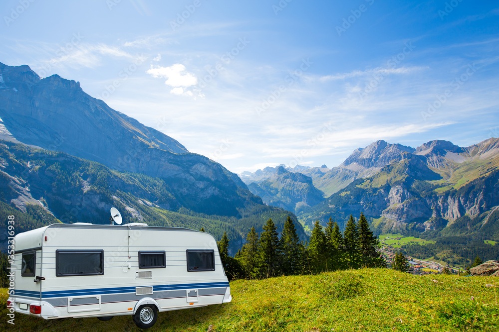 Caravan in a relaxing nature camp site at Switzerland