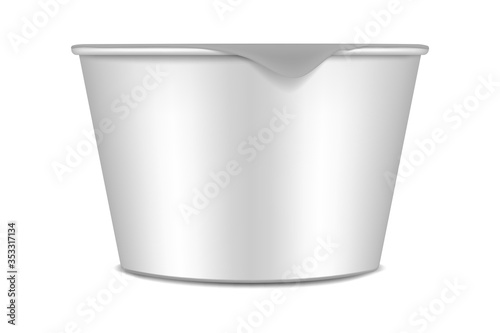 Plastic yogurt container with peel off lid, vector mockup. Yoghurt packaging cup with foil cover, template. Dairy product blank white package, mock-up