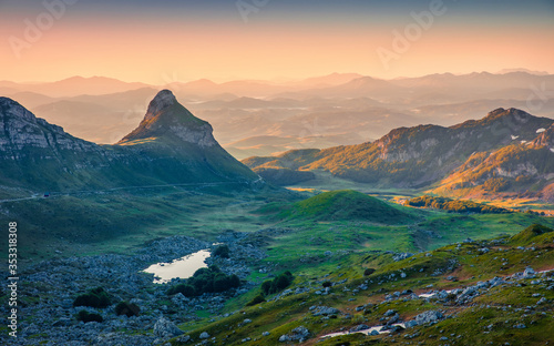 Fantastic sunrise in Durmitor National Prk, Montenegro, Europe. Exciting summer view from Sedlo pass. Beautiful world of Mediterranean countries.