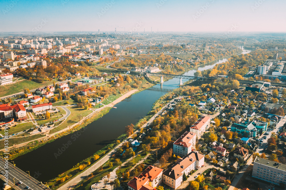 Grodno, Belarus. Aerial Bird's-eye View Of Hrodna Cityscape Skyline. Residential District In Sunny Autumn Day