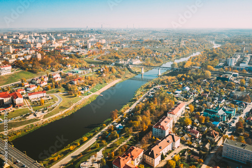 Grodno, Belarus. Aerial Bird's-eye View Of Hrodna Cityscape Skyline. Residential District In Sunny Autumn Day © Grigory Bruev