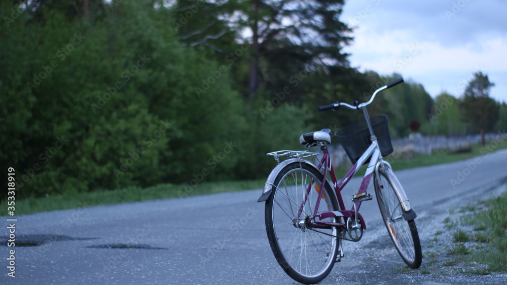 a lonely bicycle on a deserted road at the edge of the woods outside the city at evening dusk