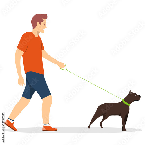 Walk the dogs. A man walking a dog on a leash isolated on a white background. Vector illustration.