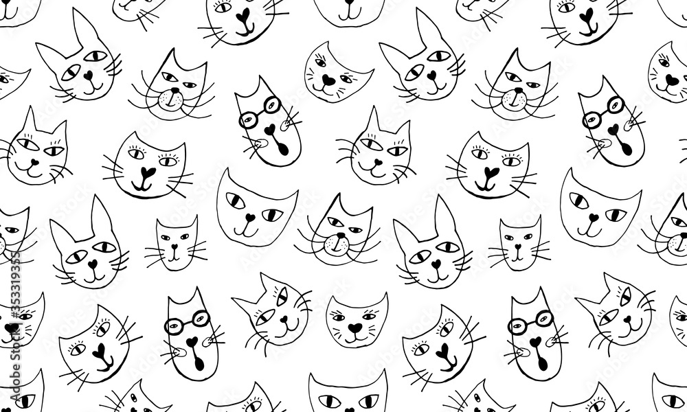 Hand drawn vector illustration of cat face. Seamless pattern with cute funny domestic animal. Simple childish drawing.
