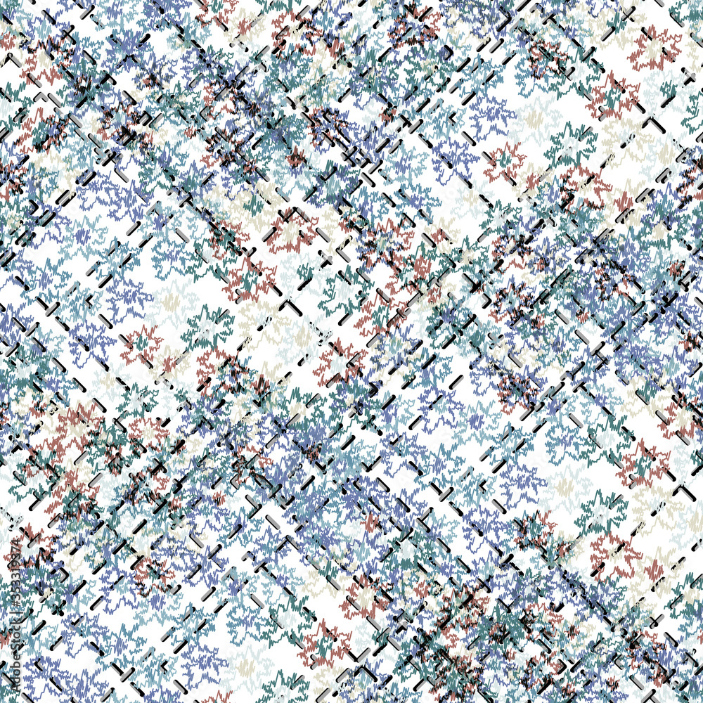 Fototapeta premium Seamless pattern patchwork design. Striped print with scribble tiles and flowers. Watercolor effect. Suitable for bed linen, leggings, shorts and fashion industry.