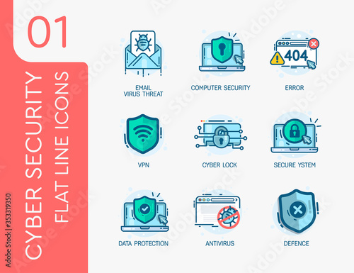 Cyber Security. Set 1. Vector modern flat line design illustration icons