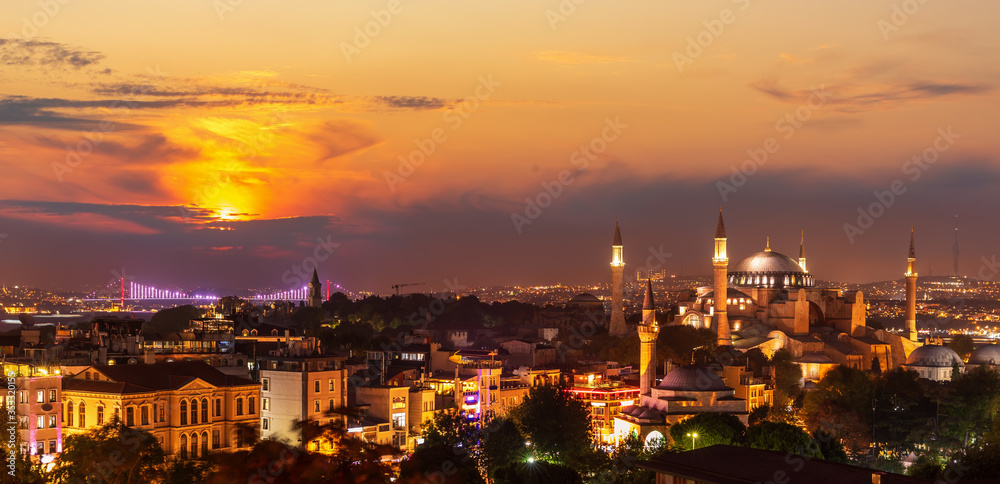 Istanbul skyline, evening view of the Bosporus Bridge and Hagia Sophia, Turkey