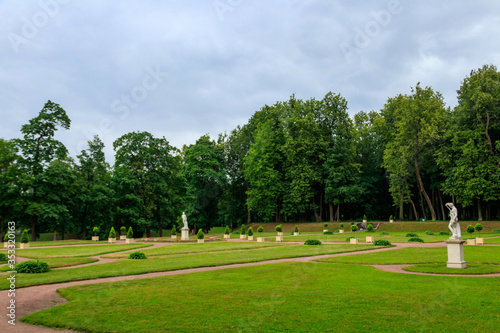 View of lower Dutch garden with marble statues in Gatchina park, Russia