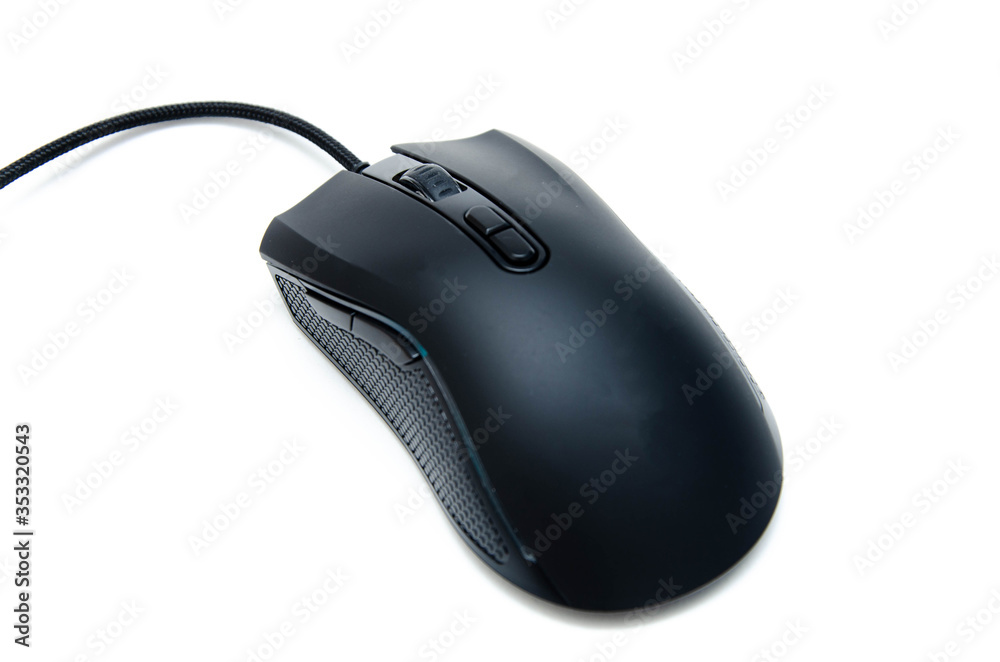 Black gaming mouse with side extra keys and a matte finish on white background. Mouse view from the back under the brush. The mouse in macro, the keys and the wheel are viewed from a person an angle Black gaming mouse with side extra keys and a matte finish on white background. Mouse view from the back under the brush. The mouse in macro, the keys and the wheel are viewed from a person an angle