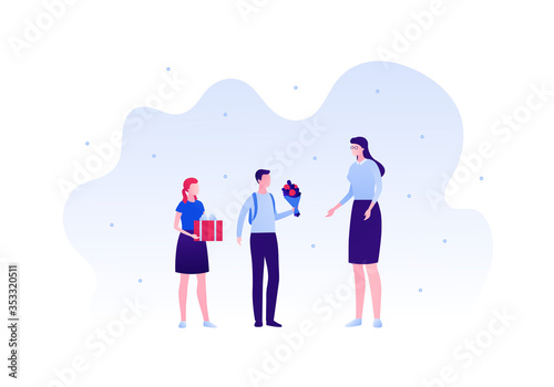 Gift for mother, parent and teacher holiday celebration concept. Vector flat person illustration. Boy with bouquet and girl with gift box give to woman. Design for banner, infographic.