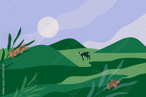 Abstract panoramic landscape of green valley, hills, flowers and blue sky. Outdoor nature vector illustration. Rural scene with cow on meadow, farmers fields, agricultural land. Countryside background