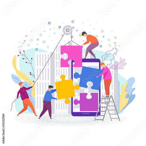 Small people assemble a puzzle. Metaphor of teamwork.