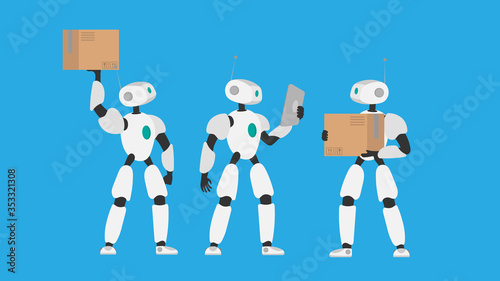 A white robot holds a box. Set of futuristic robots. The concept of future delivery, artificial intelligence and technology. Isolated, vector.